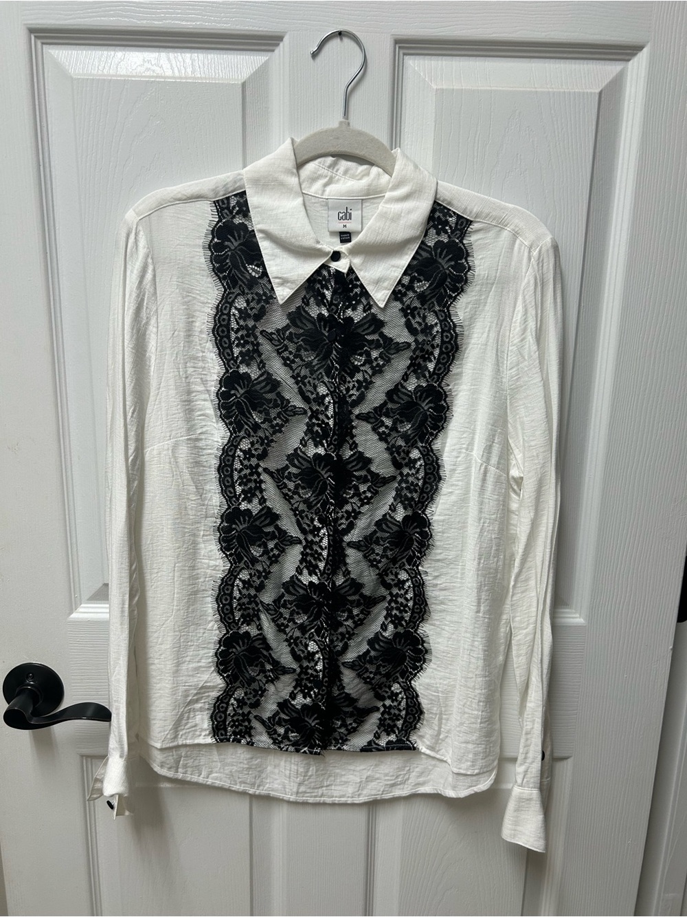 cabi Dolce White Long-Sleeve Blouse with Black Lace Panel